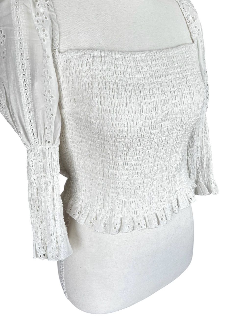 Smocked Square-Neck Eyelet Puff Sleeve Blouse — White - Picture 2 of 11